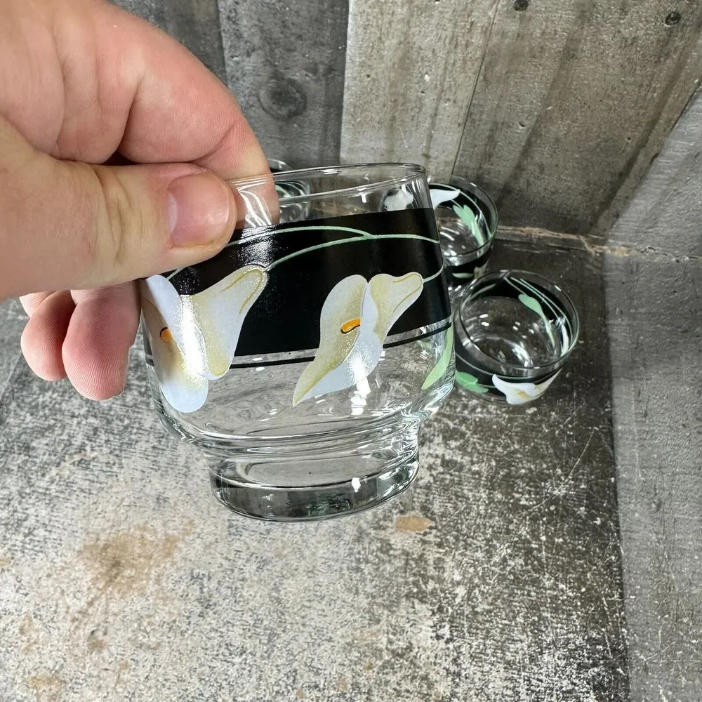 Sango Black Lilies Quadrille Glasses Tumblers‎ Set of 4 Juice Cocktail 8oz 1980s
